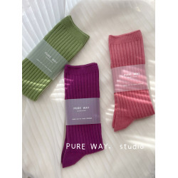 原創高級定染韓國純色雙針竪條堆堆襪子女ins純棉中高長筒襪秋冬