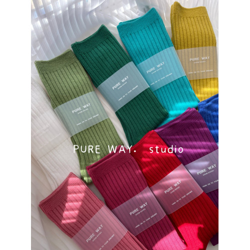 原創高級定染韓國純色雙針竪條堆堆襪子女ins純棉中高長筒襪秋冬