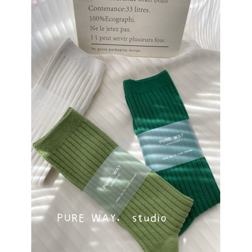 原創高級定染韓國純色雙針竪條堆堆襪子女ins純棉中高長筒襪秋冬