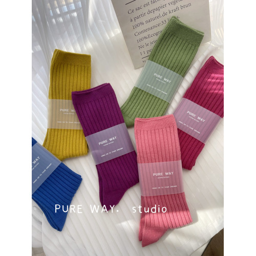 原創高級定染韓國純色雙針竪條堆堆襪子女ins純棉中高長筒襪秋冬