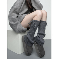 SS2L秋冬純色綁帶蝴蝶結微喇叭針織堆堆襪套雪地靴腿套曡穿小腿襪