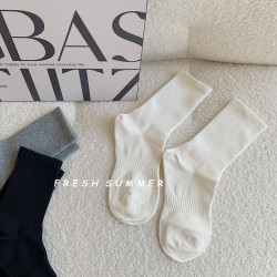 2雙裝~純色收腰中筒襪黑白色運動百搭襪子女純棉薄款春夏透氣長襪