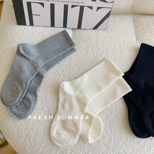 2雙裝~純色收腰中筒襪黑白色運動百搭襪子女純棉薄款春夏透氣長襪