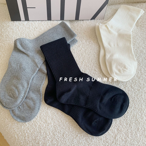 2雙裝~純色收腰中筒襪黑白色運動百搭襪子女純棉薄款春夏透氣長襪