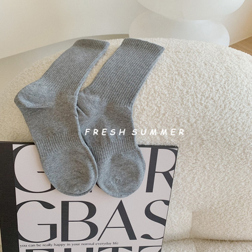 2雙裝~純色收腰中筒襪黑白色運動百搭襪子女純棉薄款春夏透氣長襪