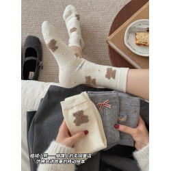 小熊襪子女秋冬季中筒襪加厚保暖毛絨棉襪居家卡通可愛睡眠襪冬天