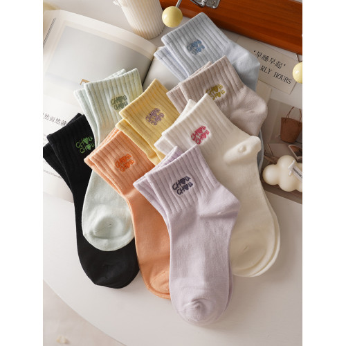 穿上不想脫！字母刺綉純色高橡筋運動短襪女精梳棉春夏季短筒棉襪