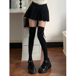 吾等是貓 蝴蝶結絲帶高筒襪綁帶可愛少女風純欲過膝襪棉長筒襪