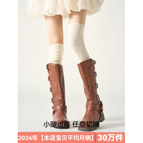 白色過膝襪子女士秋冬季純棉高筒堆堆襪秋天小腿襪jk長筒襪配靴子