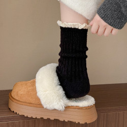 秋冬美拉德襪子女甜美蕾絲花邊復古厚款保暖羊毛長襪堆堆純色百搭