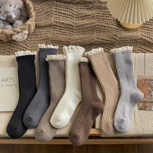 秋冬美拉德襪子女甜美蕾絲花邊復古厚款保暖羊毛長襪堆堆純色百搭 秋冬美拉德襪子女甜美蕾絲花邊復古厚款保暖羊毛長襪堆堆純色百搭