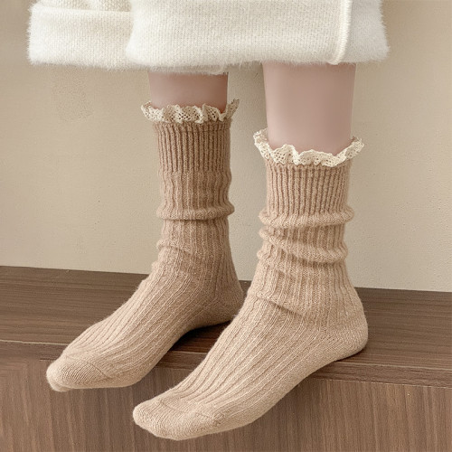 秋冬美拉德襪子女甜美蕾絲花邊復古厚款保暖羊毛長襪堆堆純色百搭 秋冬美拉德襪子女甜美蕾絲花邊復古厚款保暖羊毛長襪堆堆純色百搭