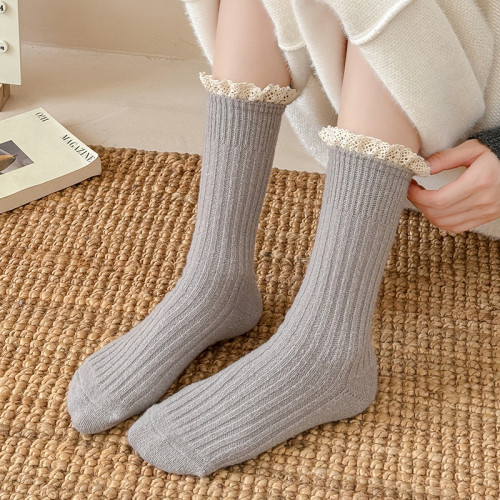 秋冬美拉德襪子女甜美蕾絲花邊復古厚款保暖羊毛長襪堆堆純色百搭 秋冬美拉德襪子女甜美蕾絲花邊復古厚款保暖羊毛長襪堆堆純色百搭