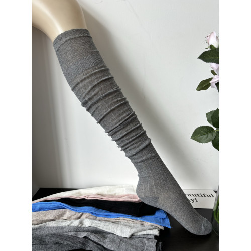 miu系半透竪條紋灰色過膝長筒襪女春夏季薄款純棉白色堆曡小腿襪