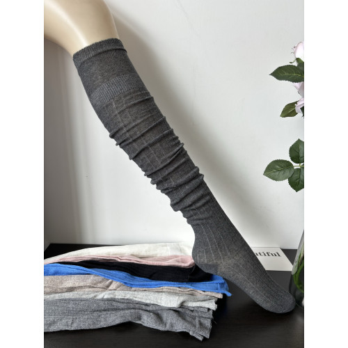 miu系半透竪條紋灰色過膝長筒襪女春夏季薄款純棉白色堆曡小腿襪
