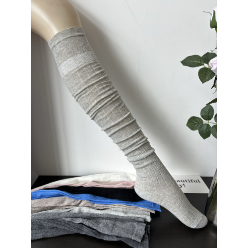 miu系半透竪條紋灰色過膝長筒襪女春夏季薄款純棉白色堆曡小腿襪