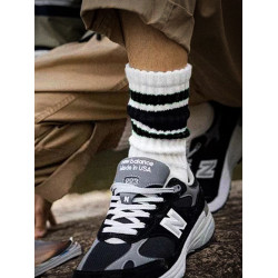 襪子男女純棉日系粗線條紋中長筒情侶堆堆襪秋冬黑白色ins運動襪