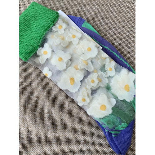 芬蘭風格女彩色文藝花卉薄款透明絲質花朵甜美中筒小腿玻璃絲襪子