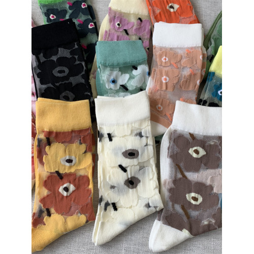 芬蘭風格女彩色文藝花卉薄款透明絲質花朵甜美中筒小腿玻璃絲襪子