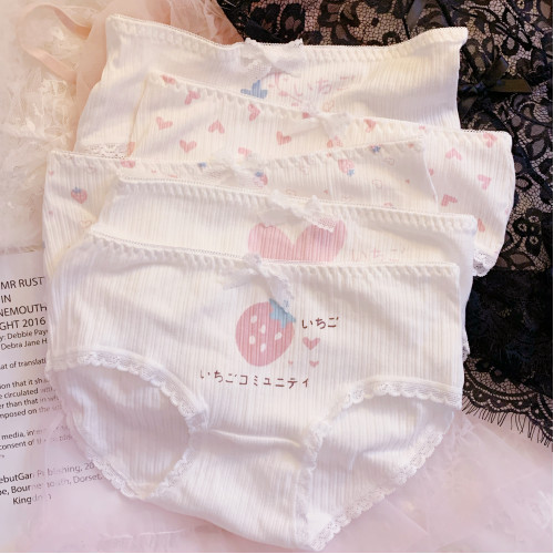 5條裝 內褲女純棉少女日系卡通可愛螺紋棉小中腰草莓愛心蝴蝶結 5條裝 內褲女純棉少女日系卡通可愛螺紋棉小中腰草莓愛心蝴蝶結