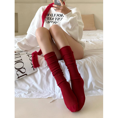 新年聖誕紅襪子女新款爆款秋冬堆堆襪本命年中筒小腿襪配小皮鞋棉 新年聖誕紅襪子女新款爆款秋冬堆堆襪本命年中筒小腿襪配小皮鞋棉