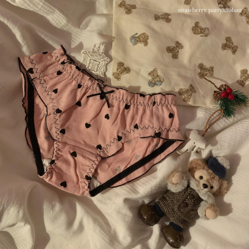 日系奶甜愛心棉質少女純欲木耳邊女士女生中腰內褲女純棉襠可愛