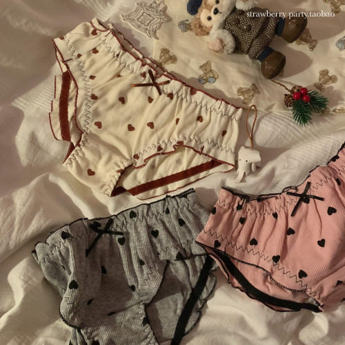 日系奶甜愛心棉質少女純欲木耳邊女士女生中腰內褲女純棉襠可愛