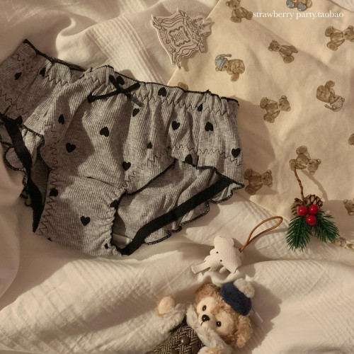 日系奶甜愛心棉質少女純欲木耳邊女士女生中腰內褲女純棉襠可愛