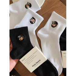 4雙男士襪子男生運動短襪純棉卡通刺綉防臭腳透氣短筒襪白色百搭