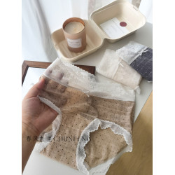 雲霧泡泡紗10抑菌加長襠|六免一透氣蕾絲網紗2025薄款中腰女內褲