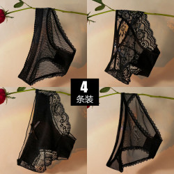 黑色性感內褲低腰甜美少女生胖mm蕾絲透明短褲柔軟棉襠三角褲薄款
