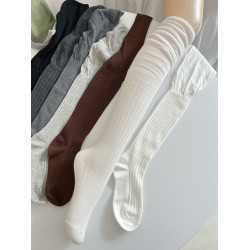 美拉德咖啡棕色過膝襪女春秋薄款棉竪條紋拼接長筒襪菸灰色高筒襪