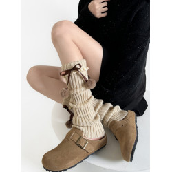 咖色毛球腿套女可愛蝴蝶結蕾絲花邊堆堆襪子秋冬曡穿針織小腿襪套