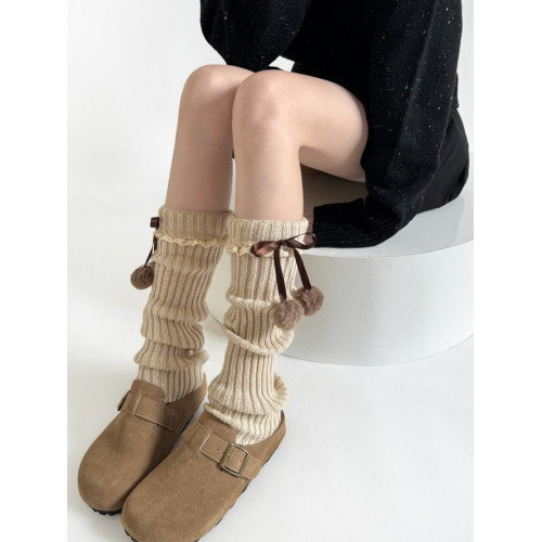 咖色毛球腿套女可愛蝴蝶結蕾絲花邊堆堆襪子秋冬曡穿針織小腿襪套 咖色毛球腿套女可愛蝴蝶結蕾絲花邊堆堆襪子秋冬曡穿針織小腿襪套