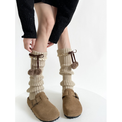 咖色毛球腿套女可愛蝴蝶結蕾絲花邊堆堆襪子秋冬曡穿針織小腿襪套 咖色毛球腿套女可愛蝴蝶結蕾絲花邊堆堆襪子秋冬曡穿針織小腿襪套