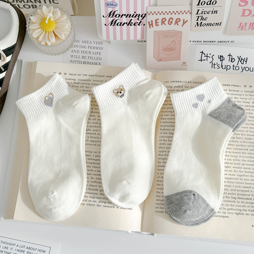 淺灰奶白小熊春夏純棉襪子女短襪可愛日系甜美運動穿搭淺口船襪女