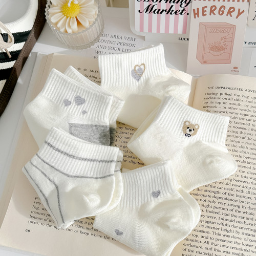 淺灰奶白小熊春夏純棉襪子女短襪可愛日系甜美運動穿搭淺口船襪女