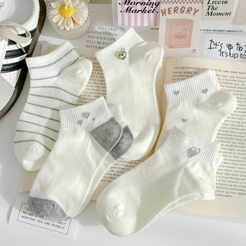 淺灰奶白小熊春夏純棉襪子女短襪可愛日系甜美運動穿搭淺口船襪女