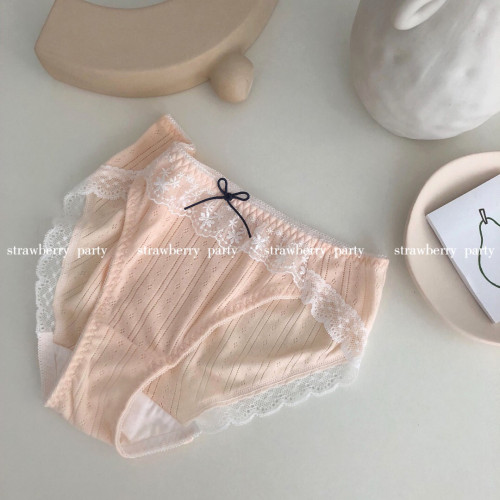 草莓派對/香草泡芙可愛內褲女日系純棉少女蕾絲柔軟三角褲3件 草莓派對/香草泡芙可愛內褲女日系純棉少女蕾絲柔軟三角褲3件