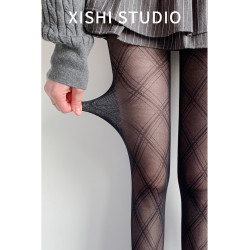 灰色復古菱形格子絲襪女夏季薄款防勾絲漁網襪性感辣妹打底連褲襪
