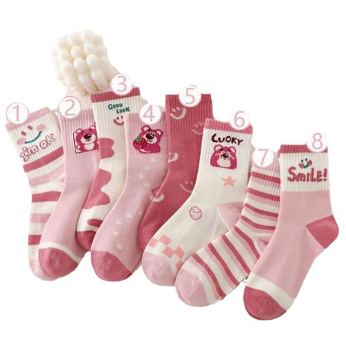 襪子女士春秋款粉色中筒棉加厚卡通草莓熊女孩中學生高腰長筒襪 襪子女士春秋款粉色中筒棉加厚卡通草莓熊女孩中學生高腰長筒襪