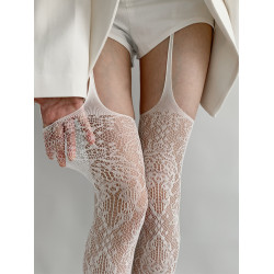 夜間教習室吊帶絲襪女夏季薄款一體式白色蕾絲提花漁網襪長筒白絲