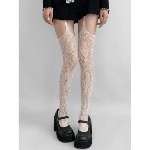 夜間教習室吊帶絲襪女夏季薄款一體式白色蕾絲提花漁網襪長筒白絲 夜間教習室吊帶絲襪女夏季薄款一體式白色蕾絲提花漁網襪長筒白絲