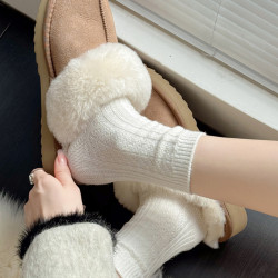 秋冬款米白色小腿襪女加厚保暖羊毛中筒襪日系甜美條紋堆堆短襪子