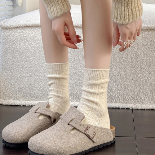 秋冬款米白色小腿襪女加厚保暖羊毛中筒襪日系甜美條紋堆堆短襪子 秋冬款米白色小腿襪女加厚保暖羊毛中筒襪日系甜美條紋堆堆短襪子