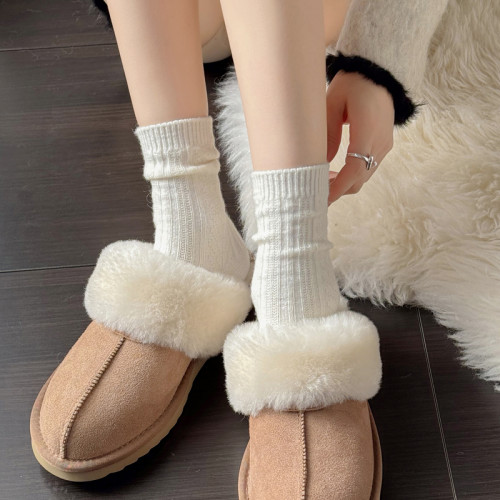 秋冬款米白色小腿襪女加厚保暖羊毛中筒襪日系甜美條紋堆堆短襪子 秋冬款米白色小腿襪女加厚保暖羊毛中筒襪日系甜美條紋堆堆短襪子