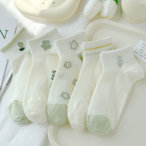 綠色春夏襪子女短襪純棉薄款網眼船襪白色日系清新學院風短筒透氣