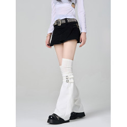 黑色高級拼接假兩件過膝腿套個性堆堆大腿襪亞文化皮釦濶腿襪套薄