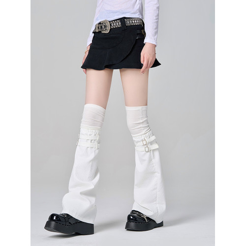 黑色高級拼接假兩件過膝腿套個性堆堆大腿襪亞文化皮釦濶腿襪套薄 黑色高級拼接假兩件過膝腿套個性堆堆大腿襪亞文化皮釦濶腿襪套薄