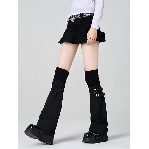 黑色高級拼接假兩件過膝腿套個性堆堆大腿襪亞文化皮釦濶腿襪套薄 黑色高級拼接假兩件過膝腿套個性堆堆大腿襪亞文化皮釦濶腿襪套薄